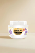 Double Action Cleanser jar with lavender design on a beige background