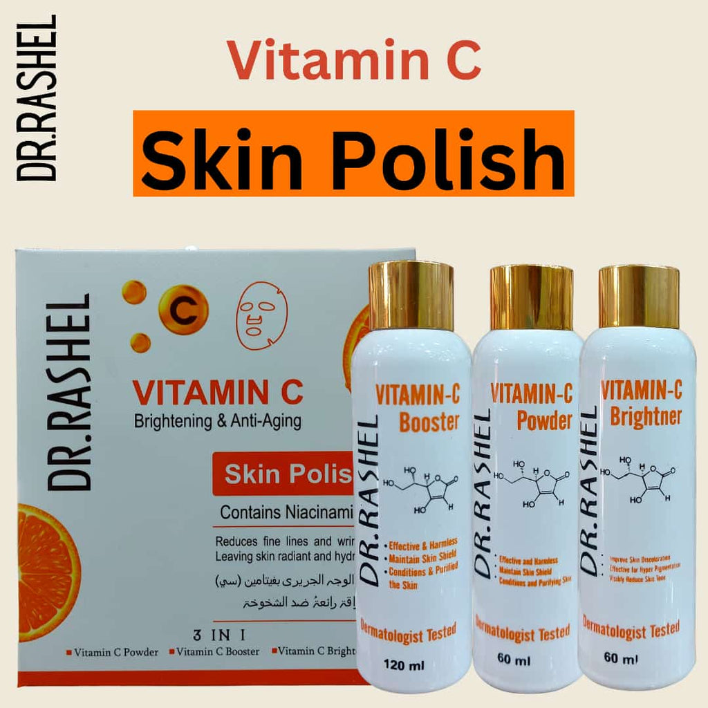 DR. RASHEL Vitamin C skincare products including Skin Polish, Booster, and Powder on a beige background.