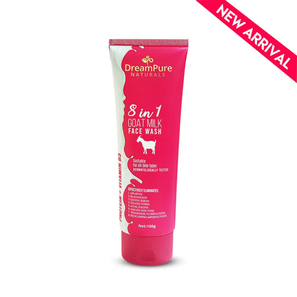 DreamPure Naturals 8 in 1 Goat Milk Face Wash tube on a white background