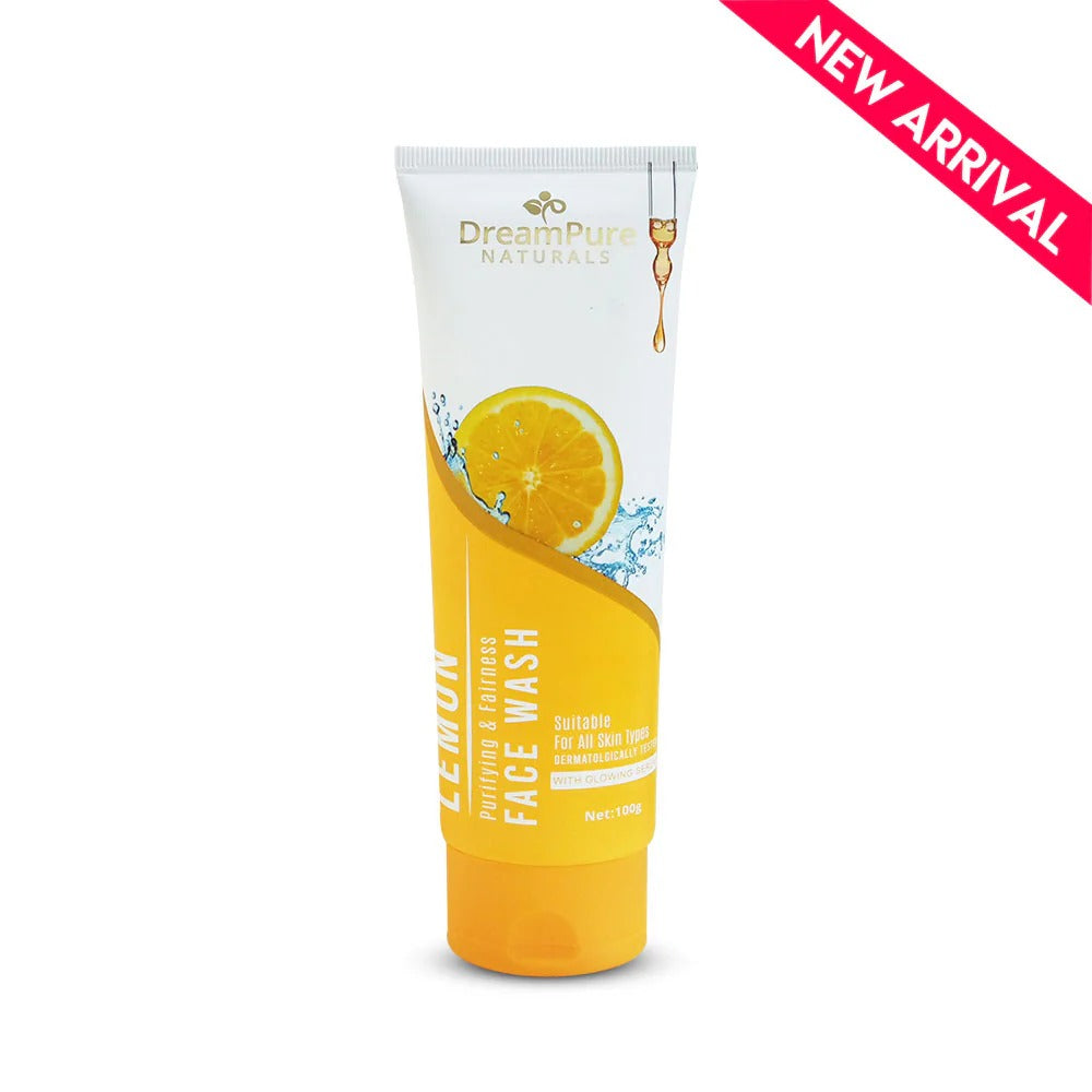 Tube of DreamPure Naturals Lemon Face Wash on a white background with 'New Arrival' label.