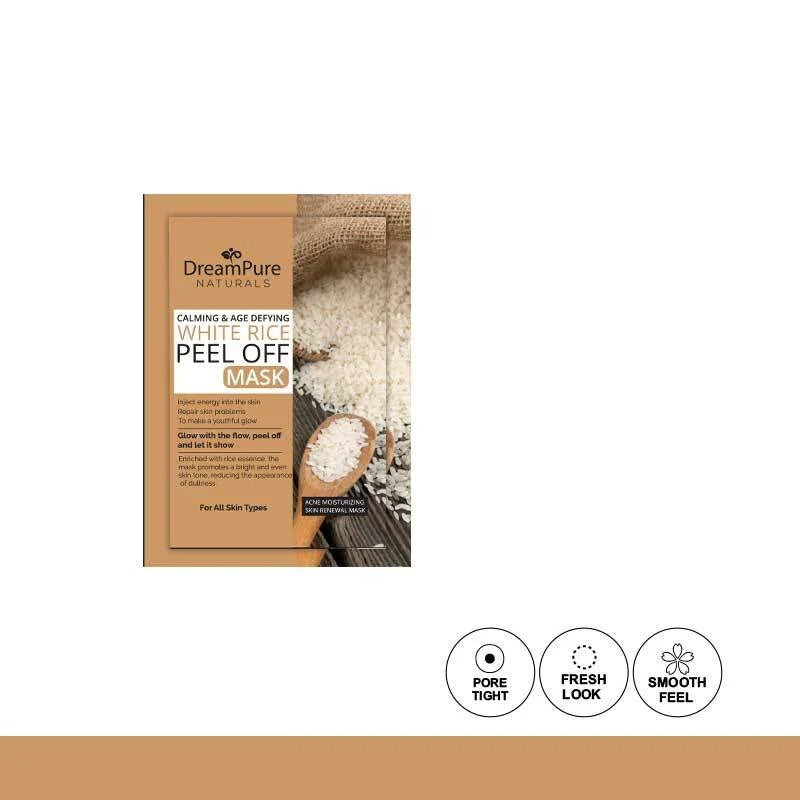 Dream Pure Naturals white rice peel off mask packaging on a beige background