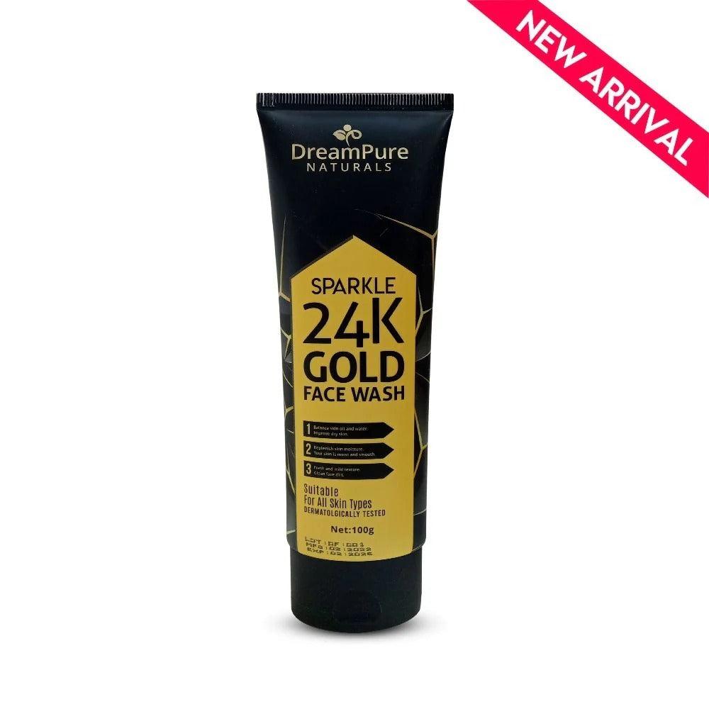 DreamPure Naturals 24K Gold Face Wash tube on a white background with 'New Arrival' label.