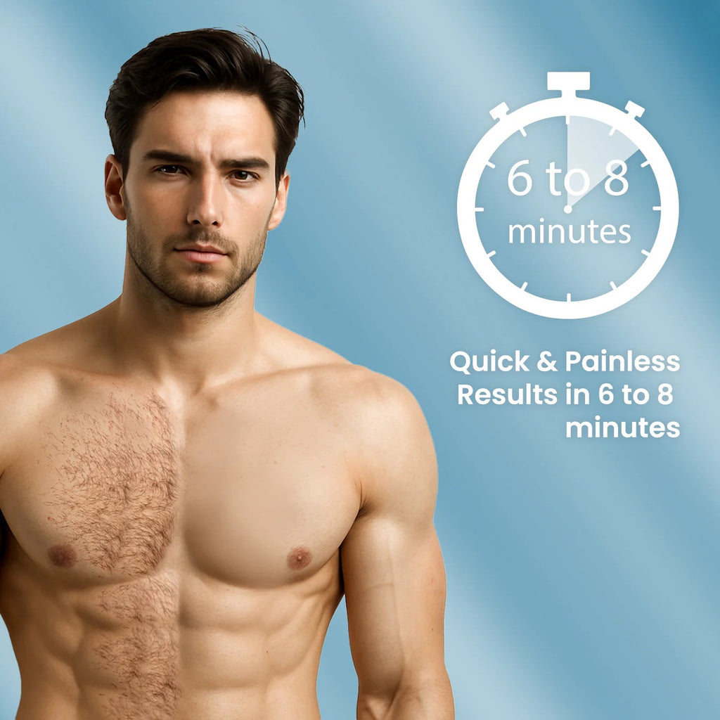 Man with hairy chest on a blue background with text about quick and painless results.