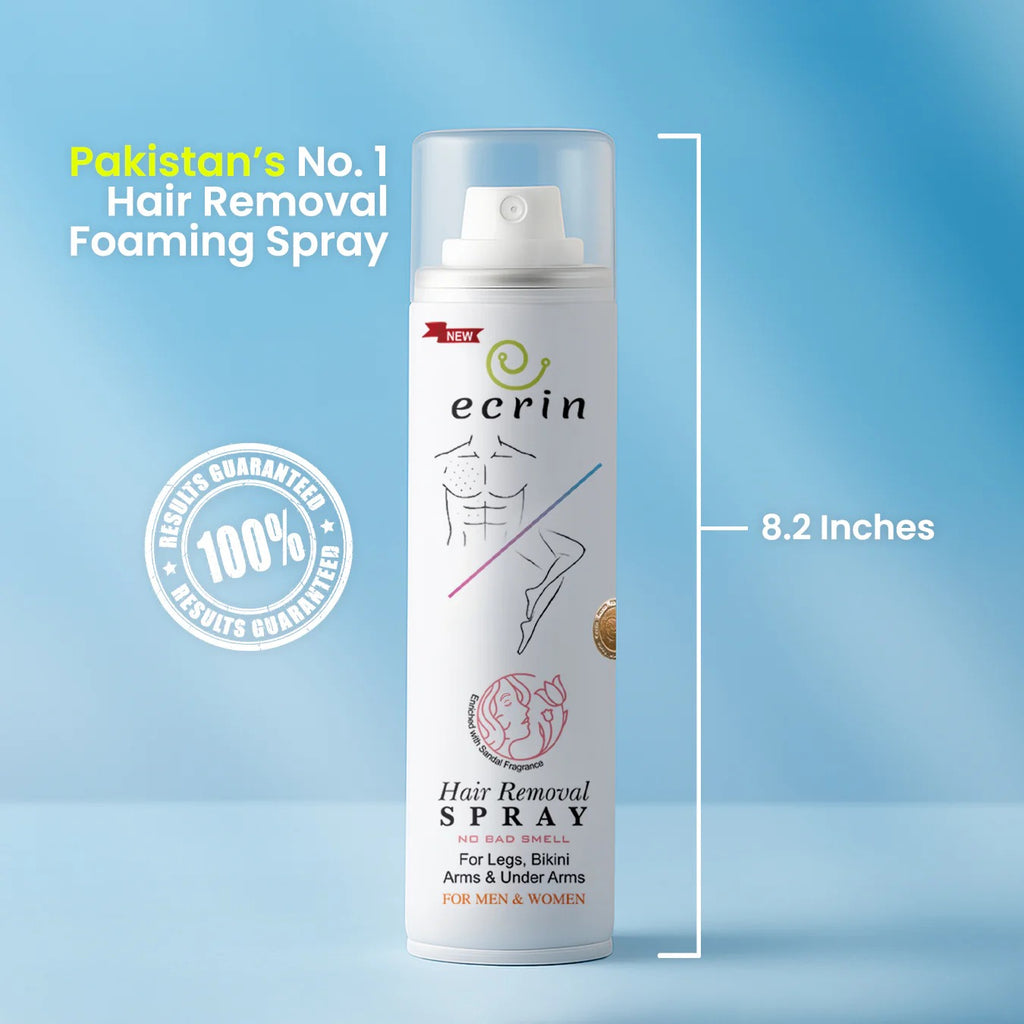 Ecrin hair removal spray can with measurements and text on a blue background