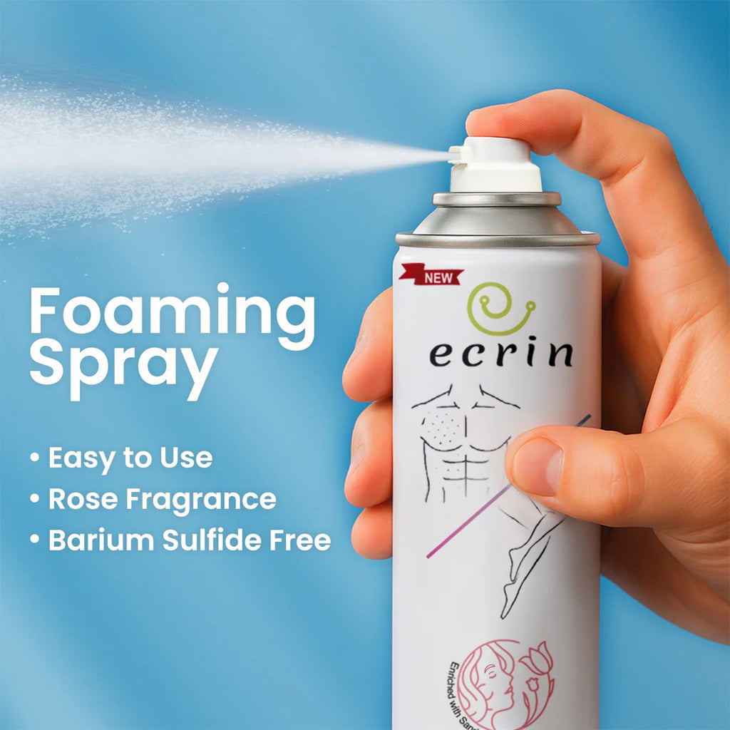 Ecrin foaming spray can being held with a blue background