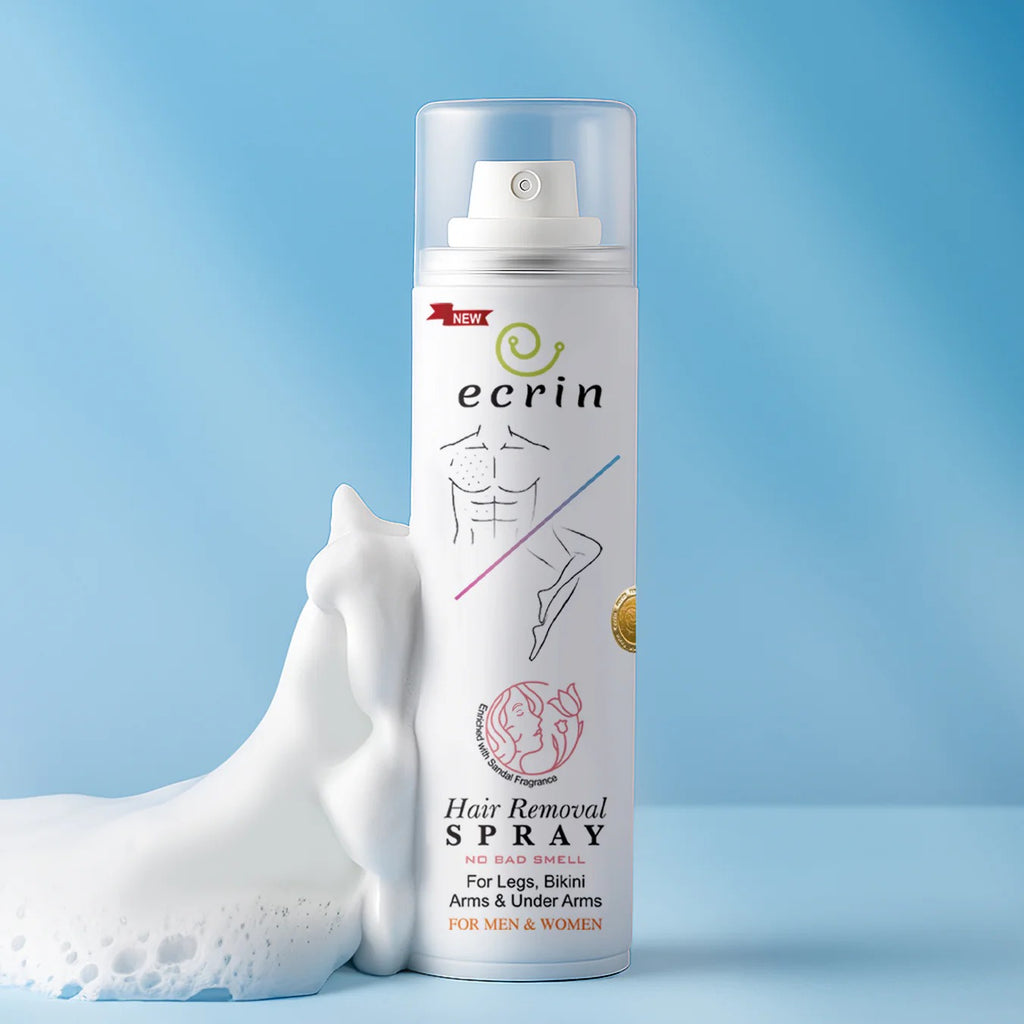 Ecrin hair removal spray bottle with a blue background