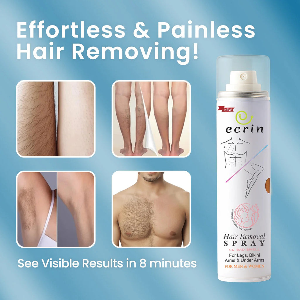 Ecrin hair removal spray with before-and-after images on a blue background