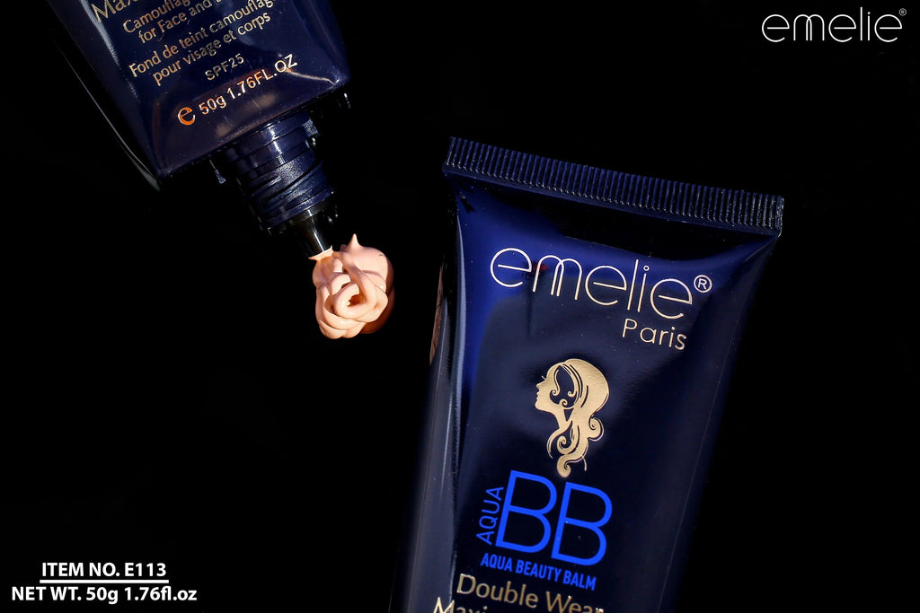 Emelie Paris Aqua BB cream packaging with a small amount of cream being squeezed out on a black background.