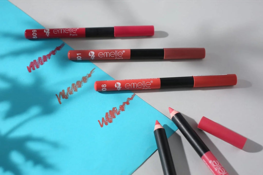 Set of red and black lip pencils with 'emelle' branding on a light blue and white background.