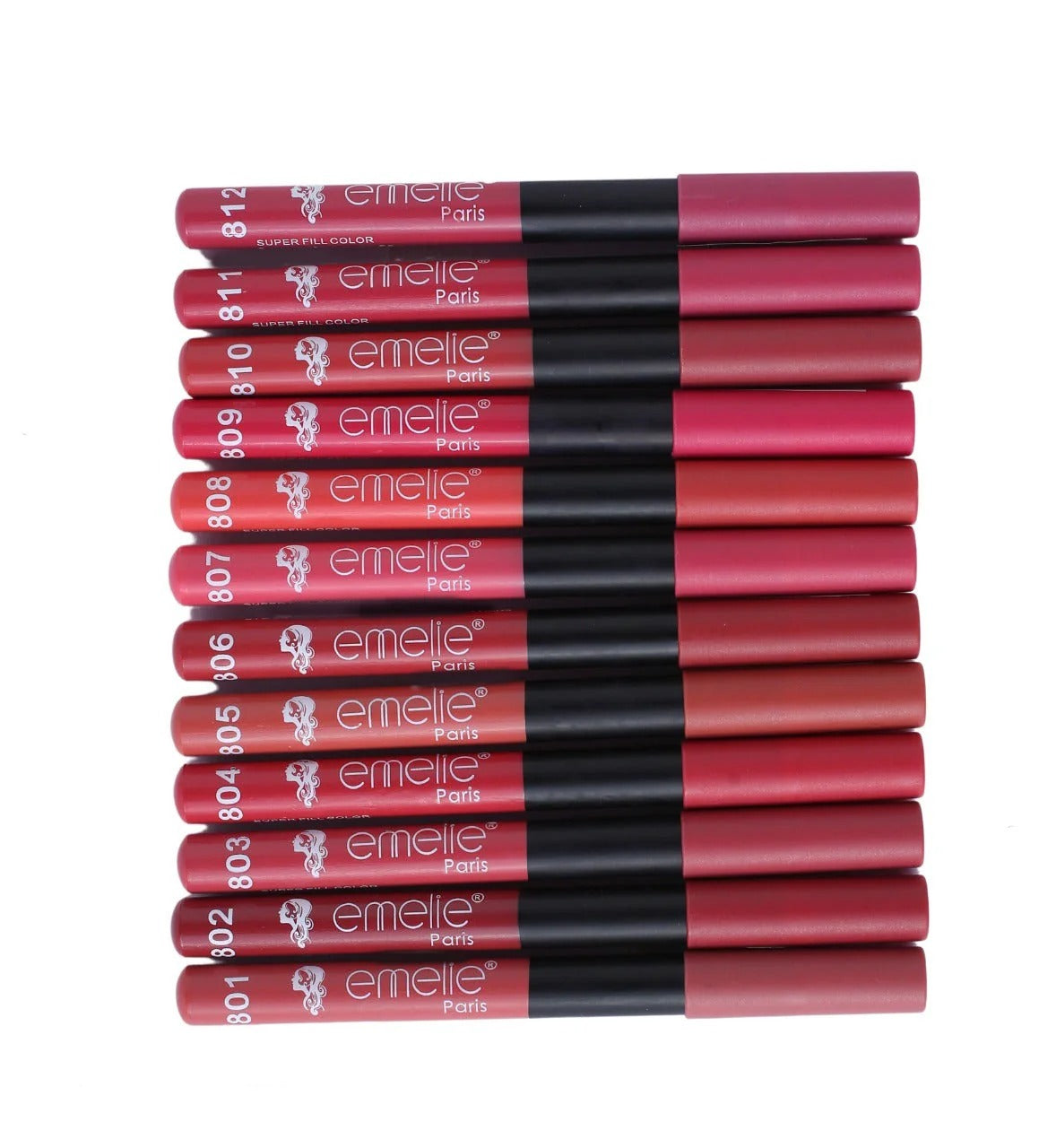 Stack of Emelie Paris lipsticks on a white background