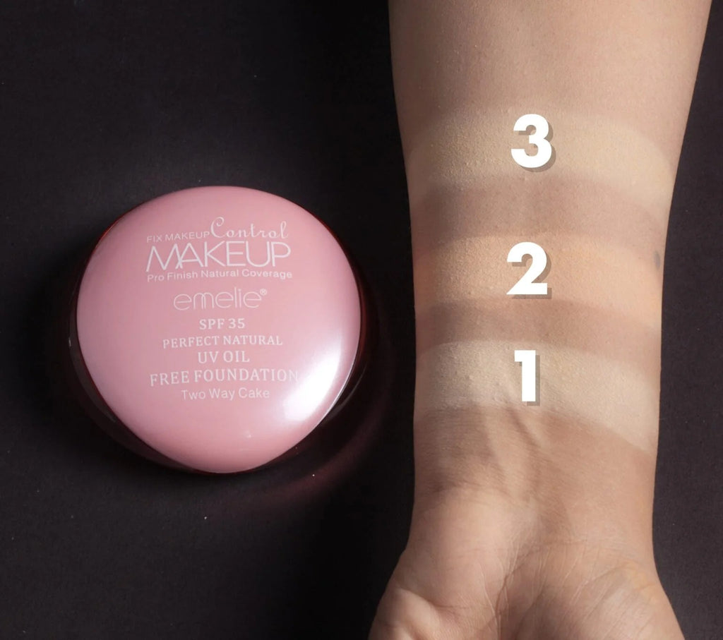Emelie Two Way Cake Face Powder with swatches on skin labeled 1, 2, 3