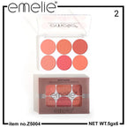 Emelie makeup palette with six coral shades and packaging on a white background