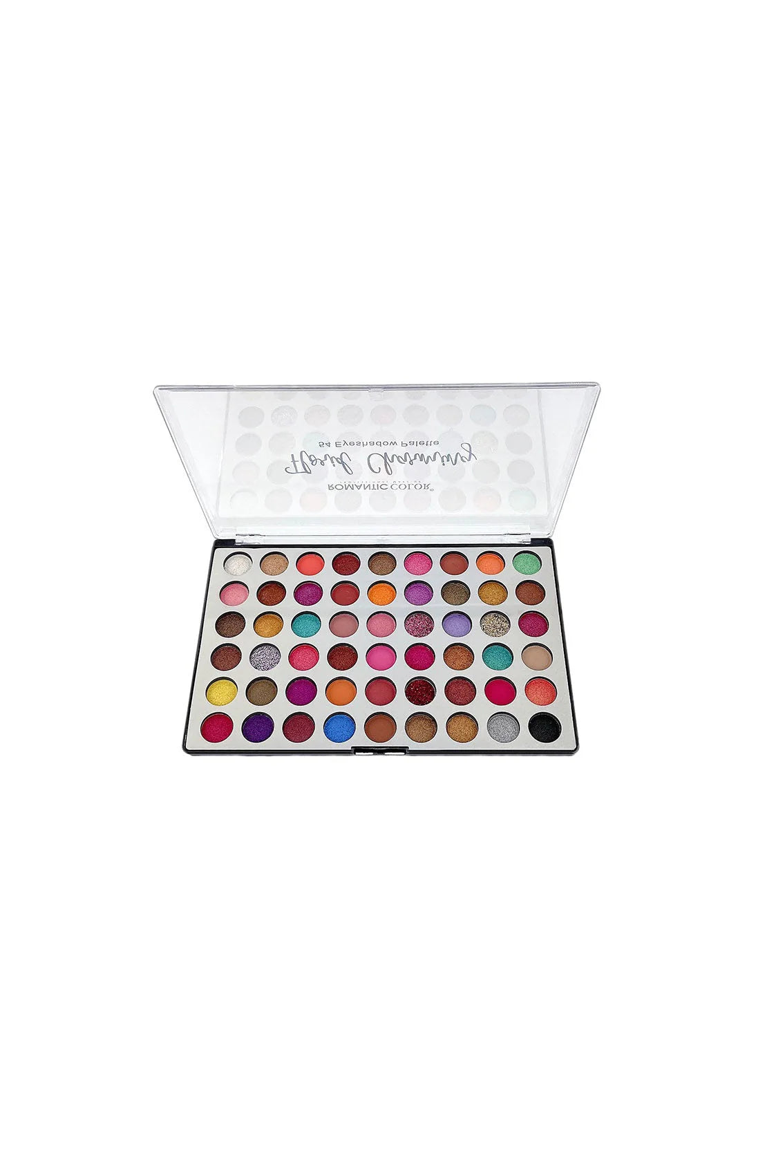 Makeup palette with various colors on a white background