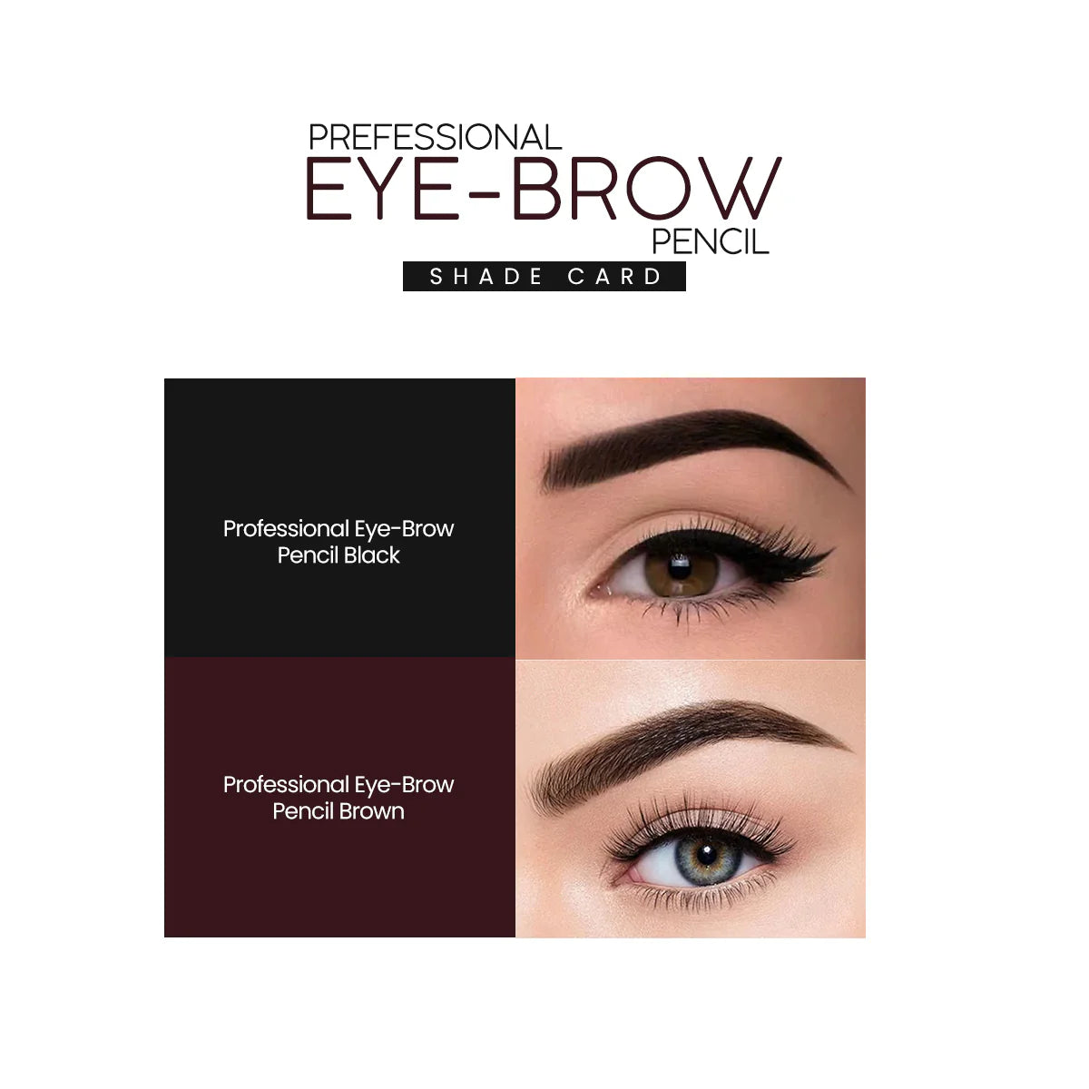 Shade card for professional eye-brow pencils showing black and brown shades on a white background.
