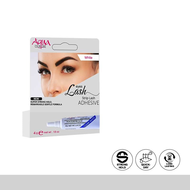 Packaging of lash adhesive with a face image on a white background