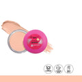 Cosmetic product with pink lid and beige powder on a white background