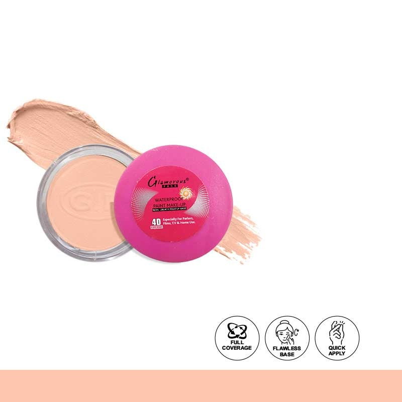 Cosmetic product with pink lid and beige powder on a white background