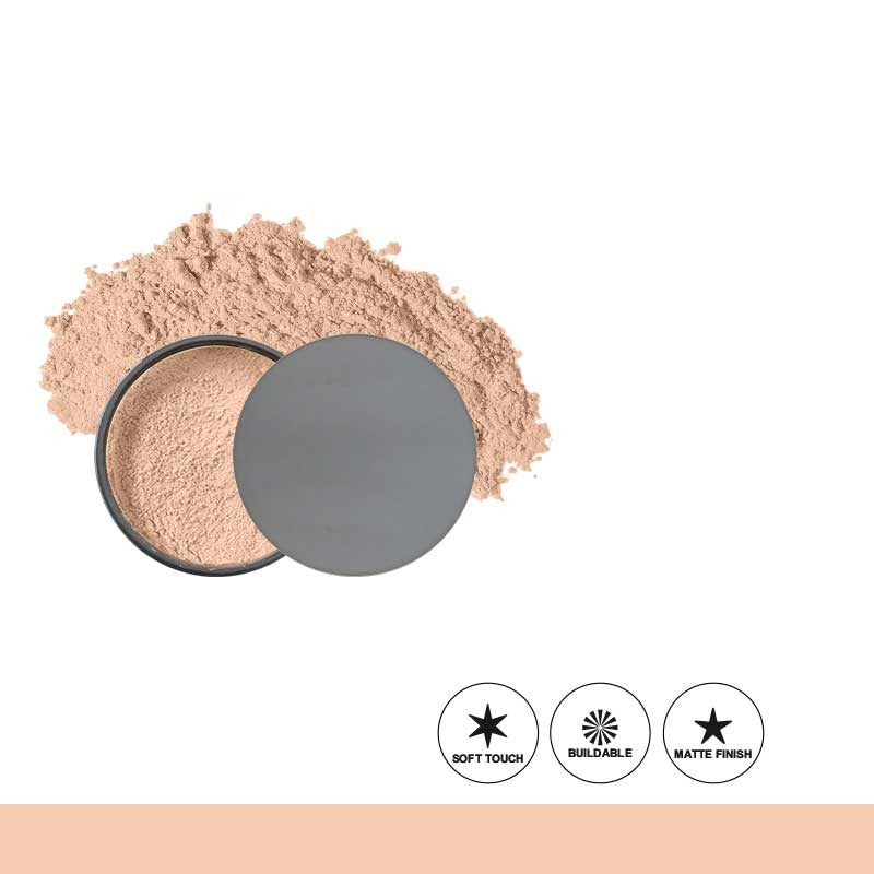 Cosmetic powder with a gray lid on a white background, featuring icons for soft touch, buildable, and matte finish.
