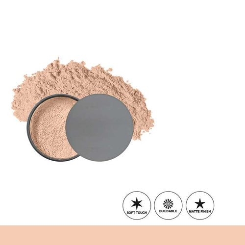 Cosmetic powder with a gray lid on a white background, featuring icons for soft touch, buildable, and matte finish.