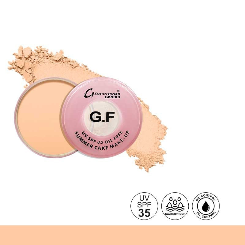 Makeup compact with 'Glamorous Face' branding on a white background