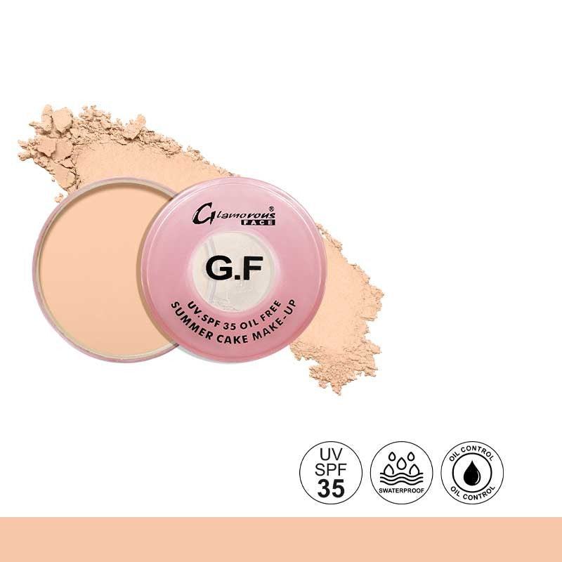 Makeup compact with pink lid and beige powder on a white background