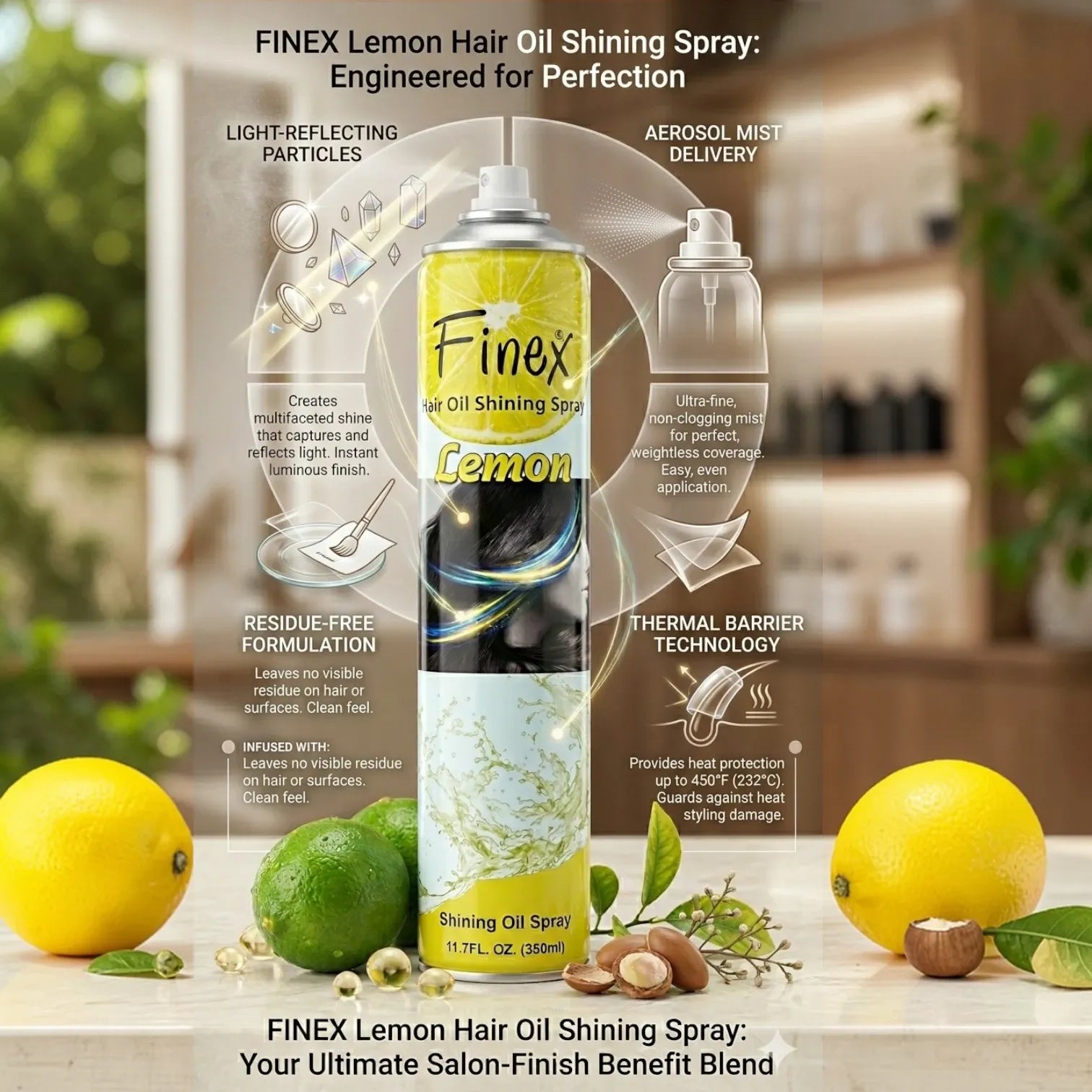 Finex Lemon Hair Oil Shining Spray (350ml) – Instant Gloss & Frizz Control for All Hair Types
