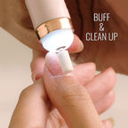 Person buffing a nail with Flowers Salon Nail Beauty Care Rechargeable tool, text 'BUFF & CLEAN UP' on a blurred background.