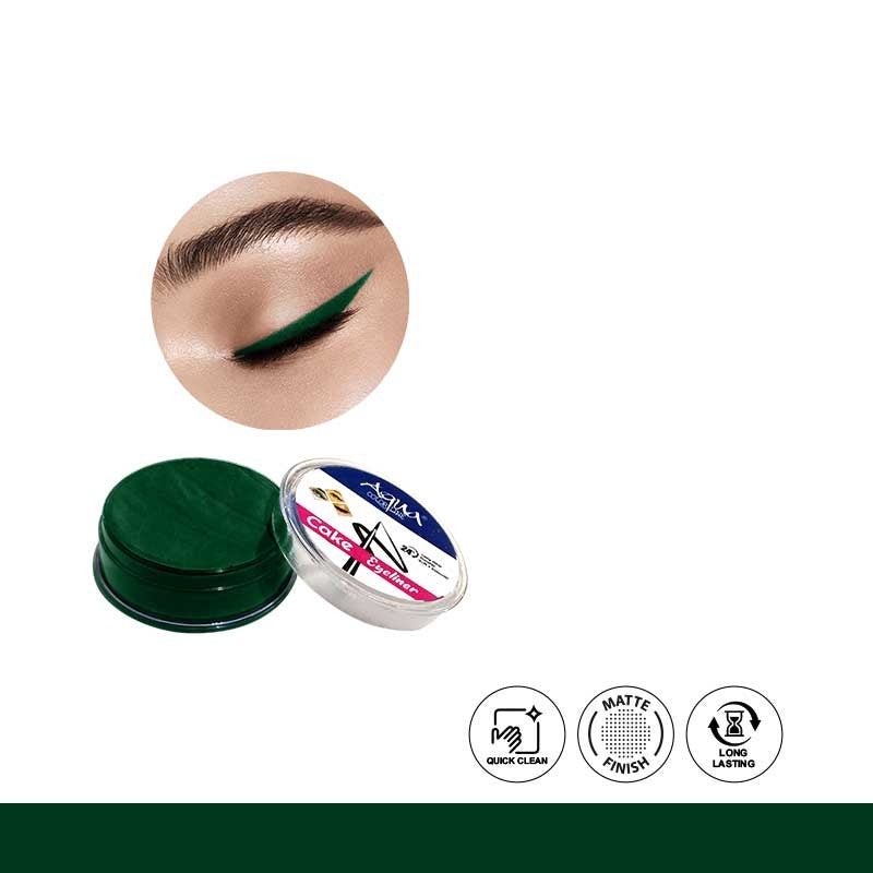 Green eyeliner with a close-up of an eye wearing it on a white background