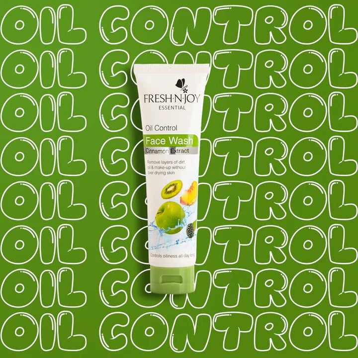 Tube of Fresh N' Joy Oil Control Face Wash on a green background with 'Oil Control' text.