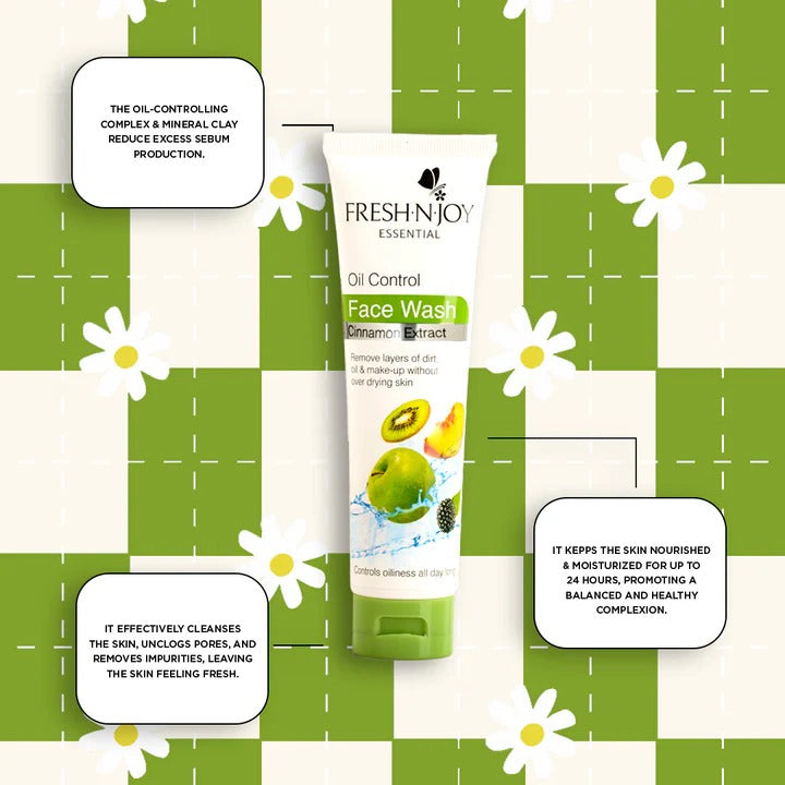 Freshnjoy Oil Control Face Wash on a green and white checkered background with daisy flowers.