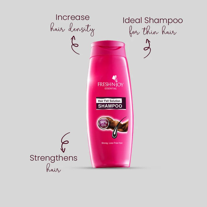 Fresh N Joy Shampoo - Hair Fall Solution bottle with text on a gray background