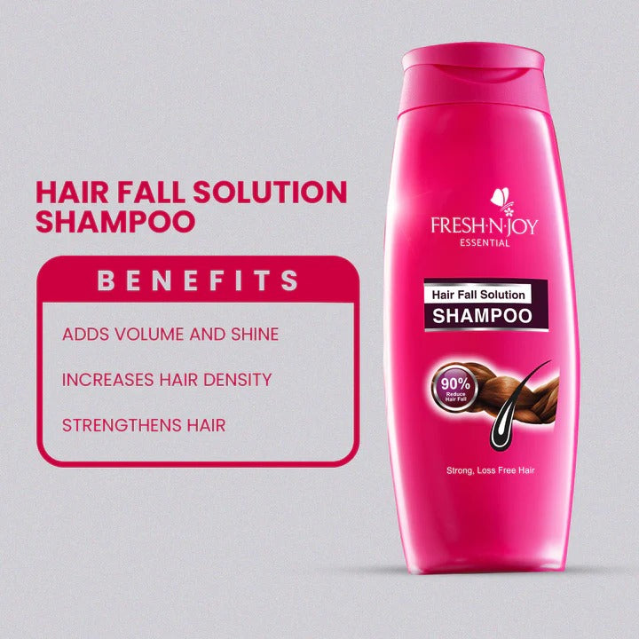 Fresh N Joy Shampoo - Hair Fall Solution bottle with benefits listed on a gray background