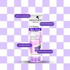 Fresh N' Joy Essential Face Wash with lavender extract on a purple checkered background
