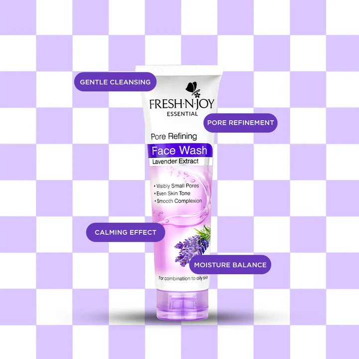 Fresh N' Joy Essential Face Wash with lavender extract on a purple checkered background