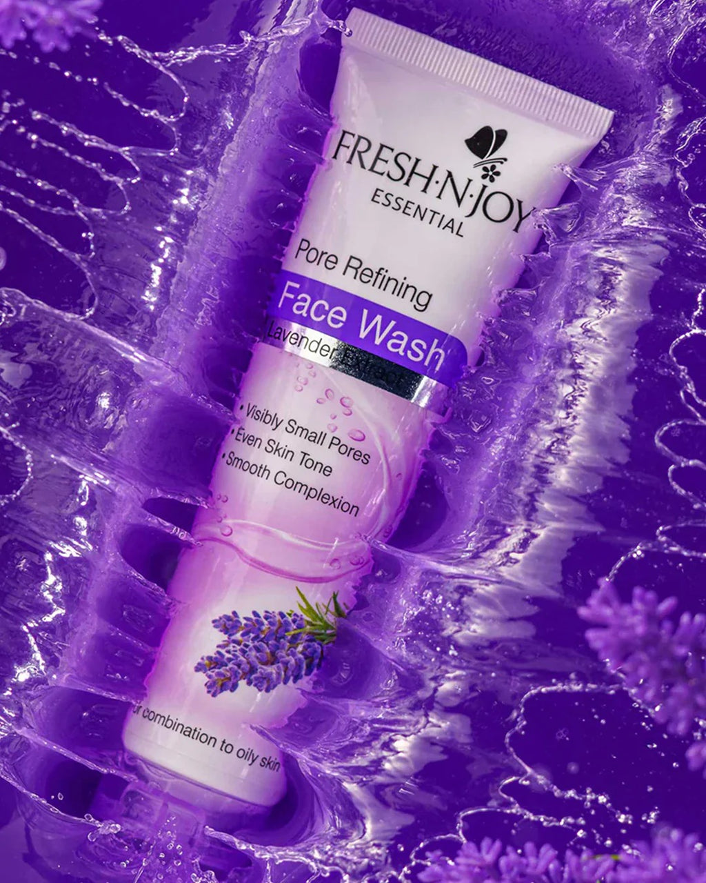 Fresh 'N' Enjoy Pore Refining Face Wash with lavender on a purple background