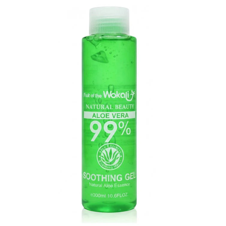 Green bottle of Fruit of the Wokali Aloe Vera 99% Soothing Gel 300ml Bottle