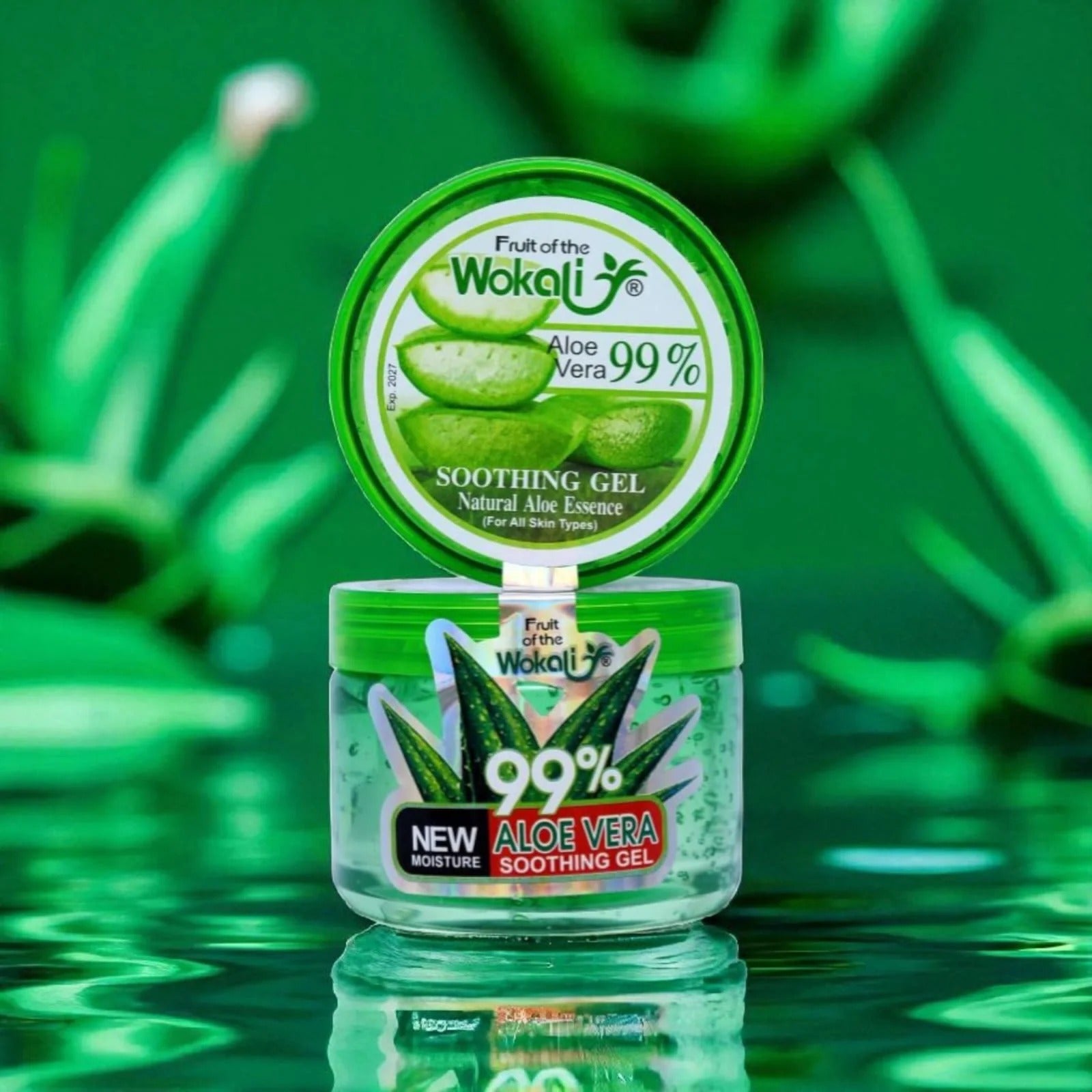 Fruit of the Wokali Aloe Vera 99% Soothing Gel – 300ml Jar with a green background featuring aloe plants.