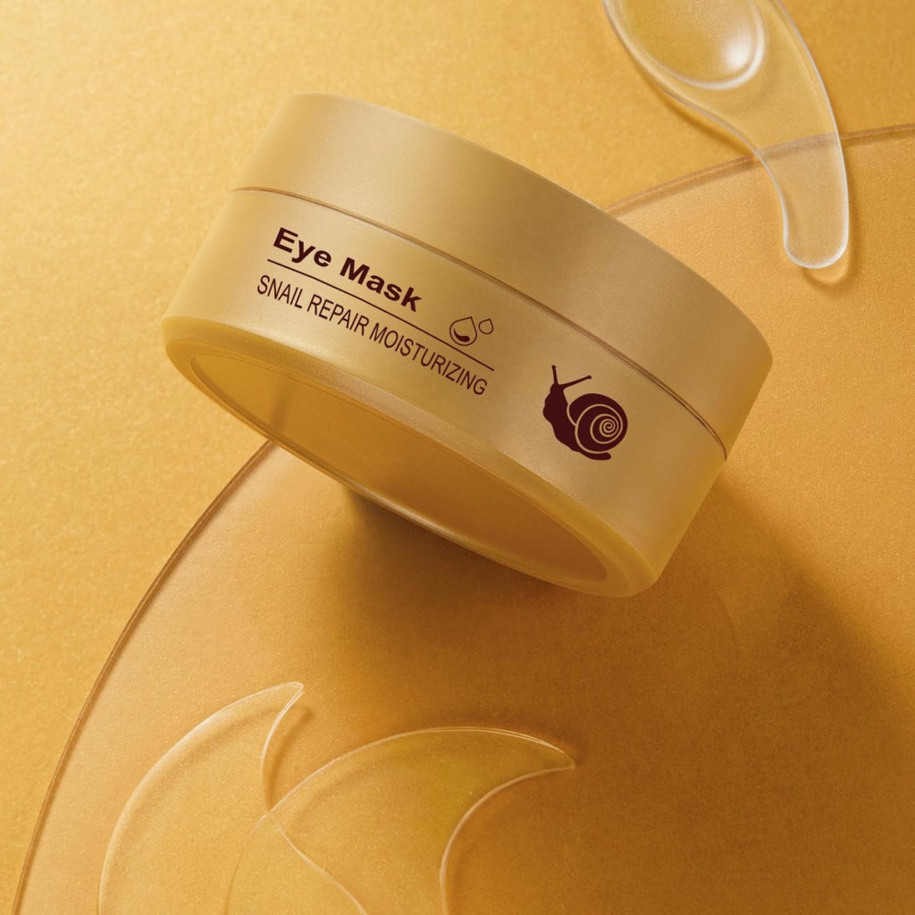 Eye mask container with snail repair moisturizing label on a yellow background