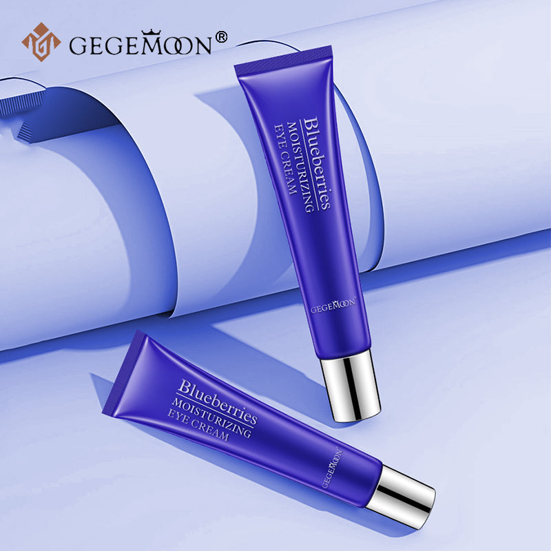 Two blue tubes of GEGEMOON Blueberries Moisturizing Eye Cream on a light blue background