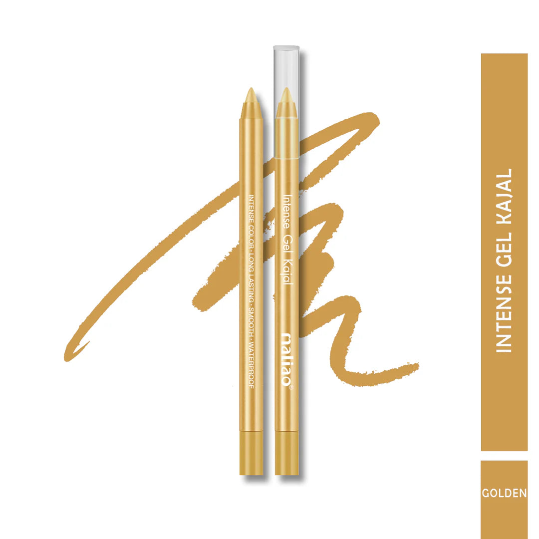 Two gold-colored gel eyeliner pencils with a white cap on a white background, featuring the brand name 'Maliao'.