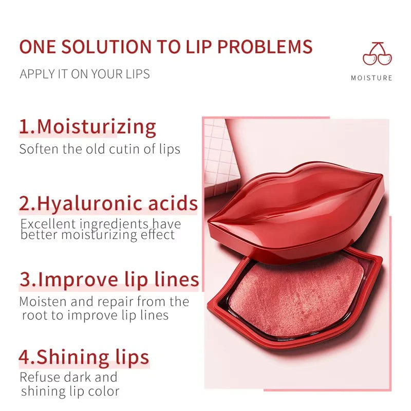 Gegemoon Cherry Collagen Moisturizing Lip Mask packaging with text highlighting benefits on a white background