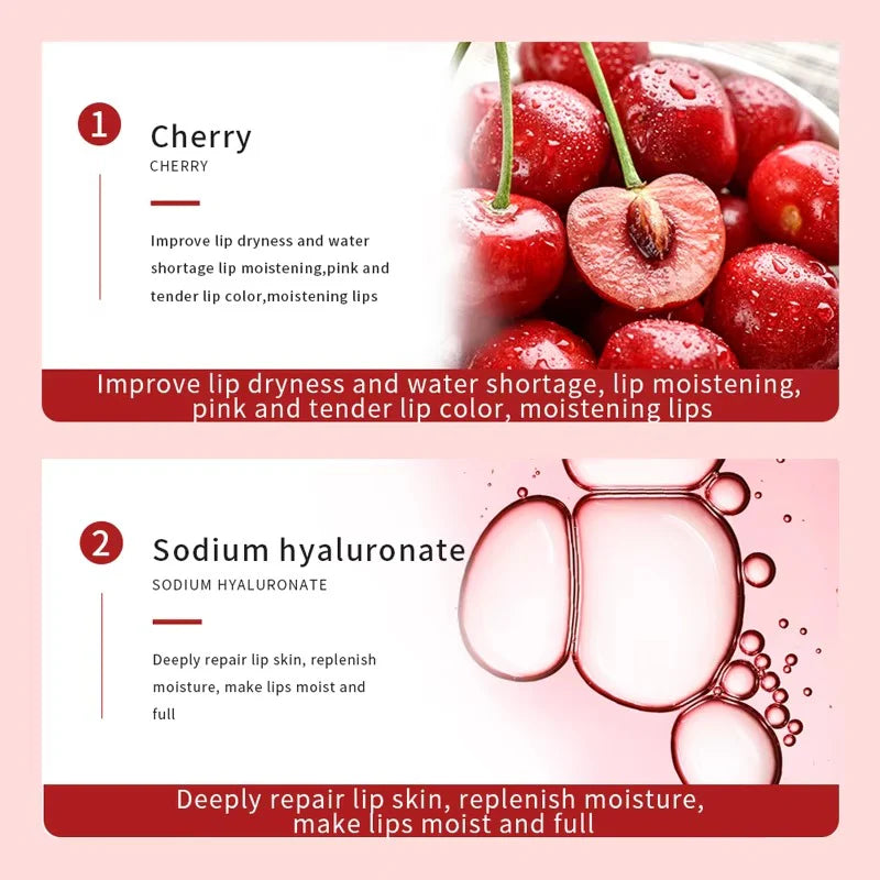 Lip care product description with cherries and sodium hyaluronate illustration on a pink background