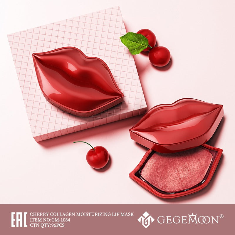 Red lip-shaped mask with cherry and green leaf on a light pink background, featuring GEGEMOON branding.