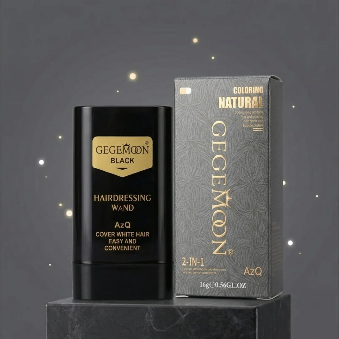 Gegemoon hairdressing wand and packaging on a dark background