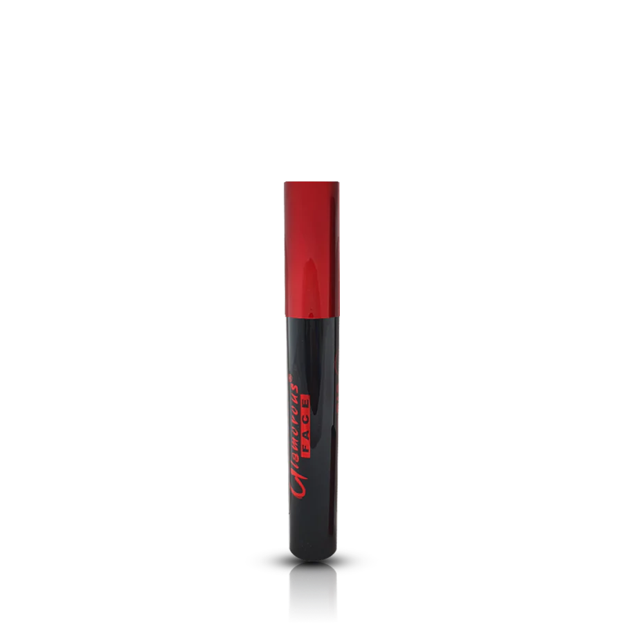Black and red lip gloss with brand name on a white background