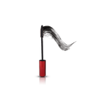 Mascara with red casing and black bristles on a white background