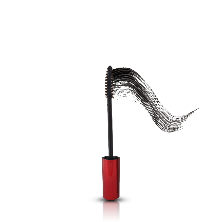 Mascara with red casing and black bristles on a white background