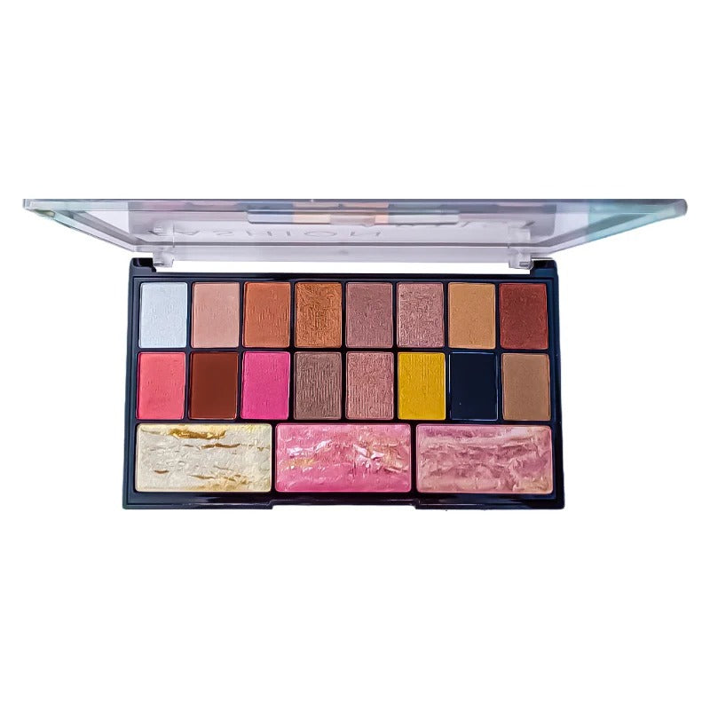 Makeup palette with various colors on a white background