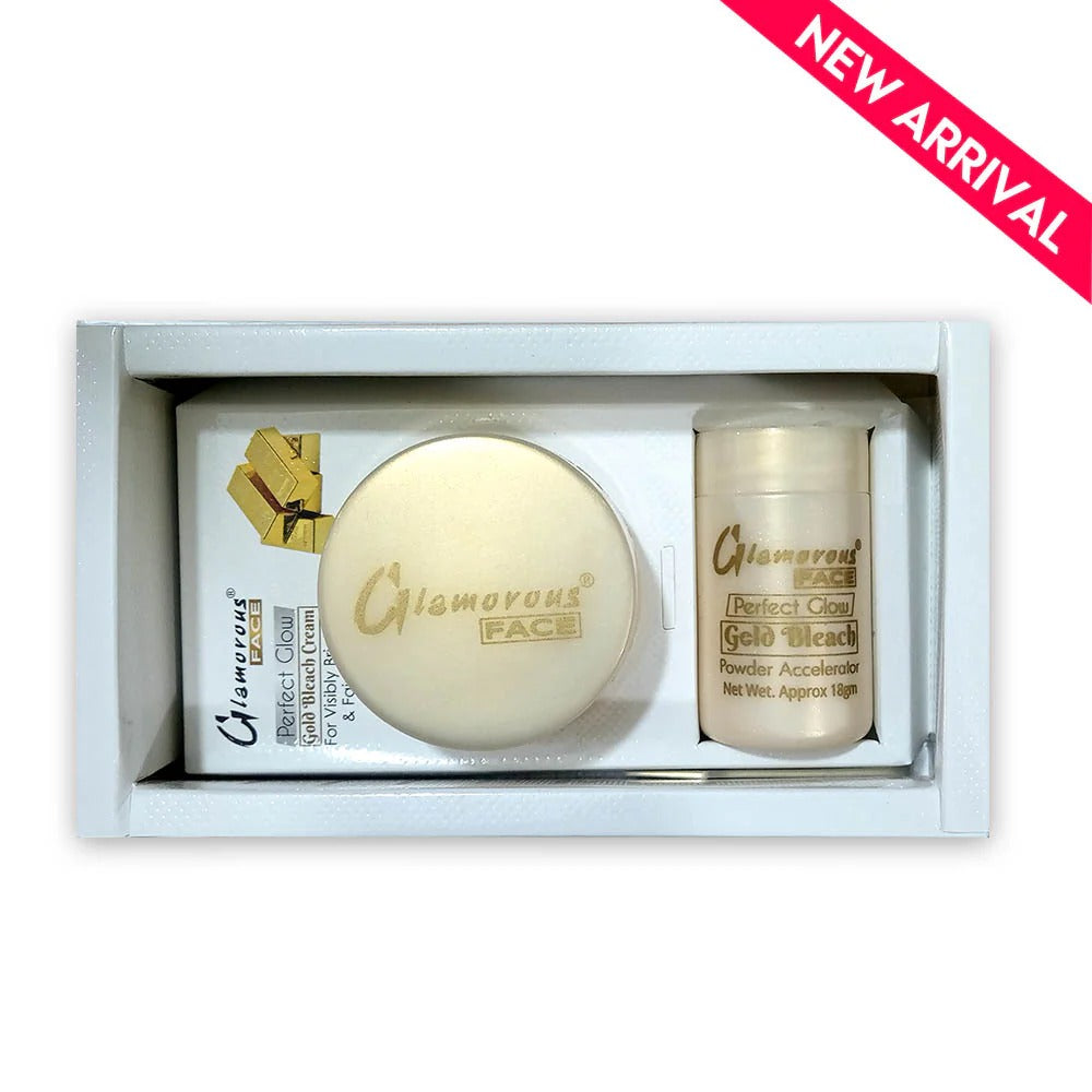 Cosmetic set with a round cream container and a jar labeled 'Glamorous Face' in a white box with a 'New Arrival' banner.