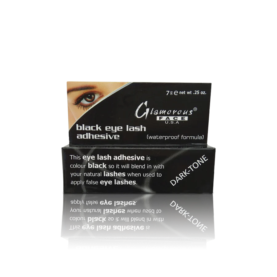 Black eye lash adhesive packaging with a close-up of an eye wearing false eyelashes.